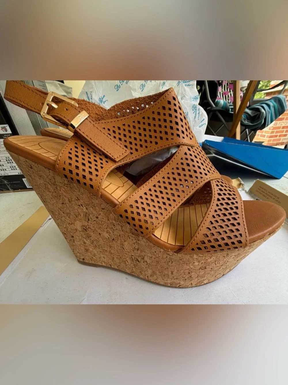 Women's Tan Perforated Wedge Sandals - Picture 2 of 6